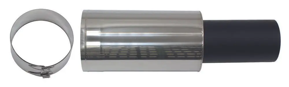 Edelstahl-Mündungsabschluss mit schwarzem Anschluss, geeignet für Abgassysteme. Produkt von Vaillant ist zur Installation in Fassaden konzipiert.